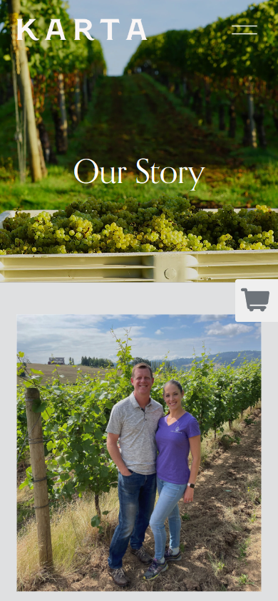 The Karta story page on a phone, headed "Our Story", with the founders photographed among the vines.