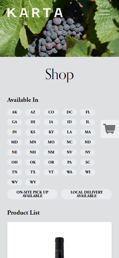 The Karta shop on a phone, with dark grapes above the heading "Shop", a grid of states the wines can ship to, and the product list beneath.