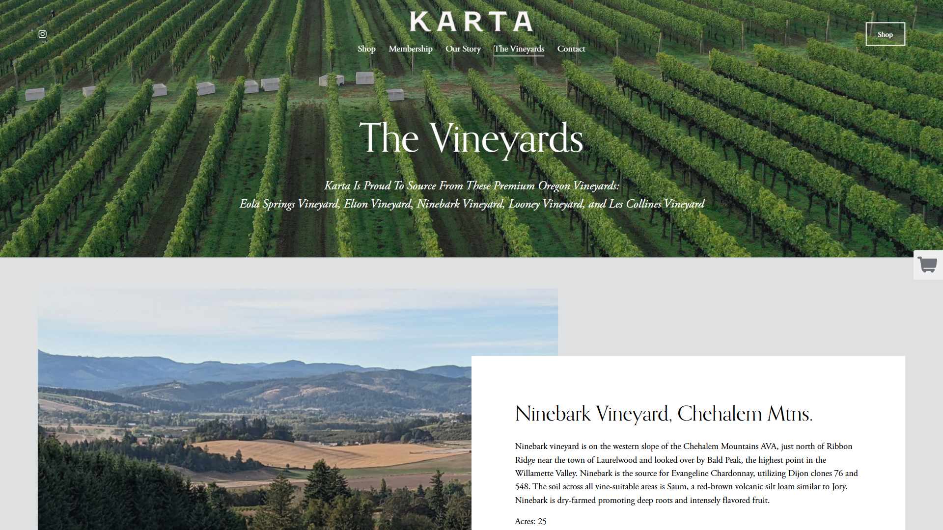 The Karta vineyards page in a desktop browser, headed "The Vineyards" over an aerial of the rows, with a description of Ninebark Vineyard in the Chehalem Mountains beside a valley photograph.