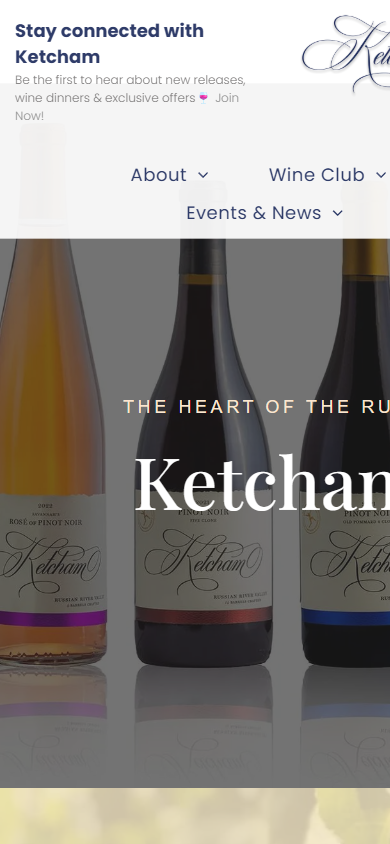 The Ketcham Estate shop on a phone, with three Ketcham bottles standing together above the Russian River Valley heading.