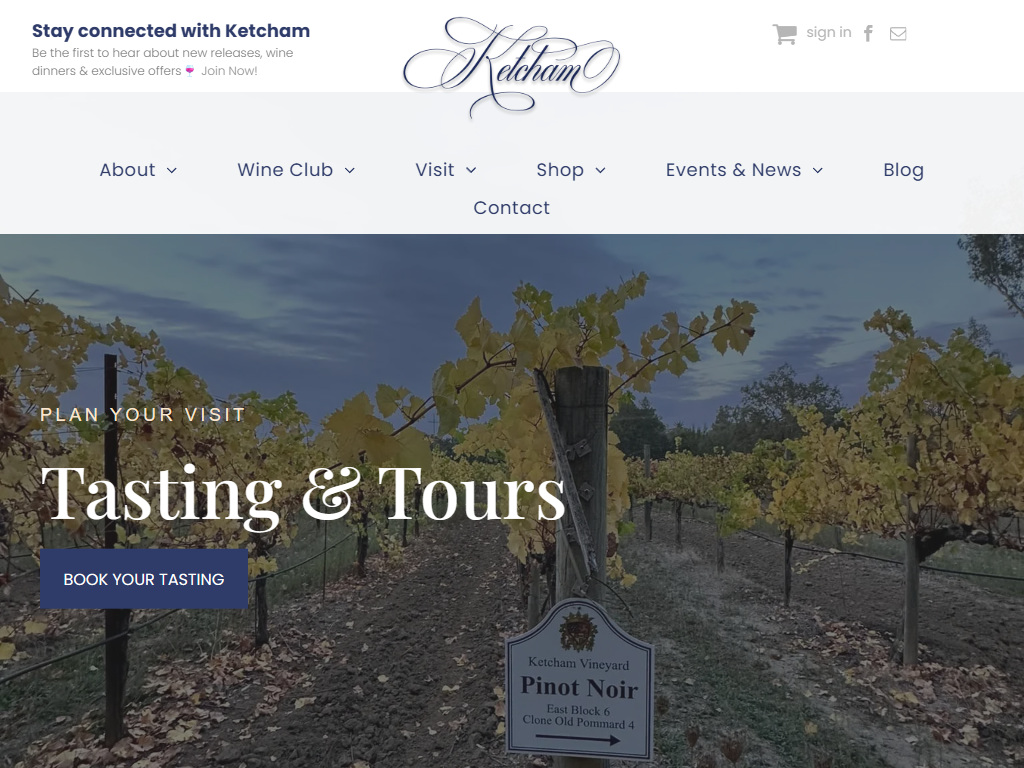 The Ketcham Estate tours page in a desktop browser, headed "Tasting & Tours" over an autumn vineyard row with a pinot noir block sign, and a button to book a tasting.