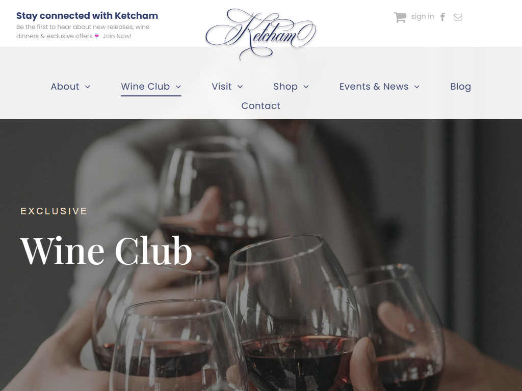 The Ketcham Estate wine club page in a desktop browser, headed "Wine Club" over a photograph of hands raising glasses of red wine.