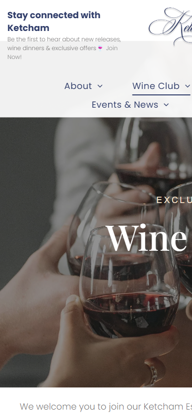 The Ketcham Estate wine club page on a phone, headed "Wine Club" over the toasting glasses, with the invitation to join below.