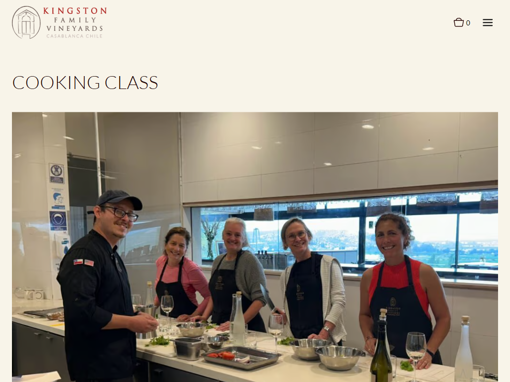 The Kingston Family Vineyards cooking class page in a desktop browser, headed "Cooking Class", with a chef and a group in aprons gathered around a kitchen counter.