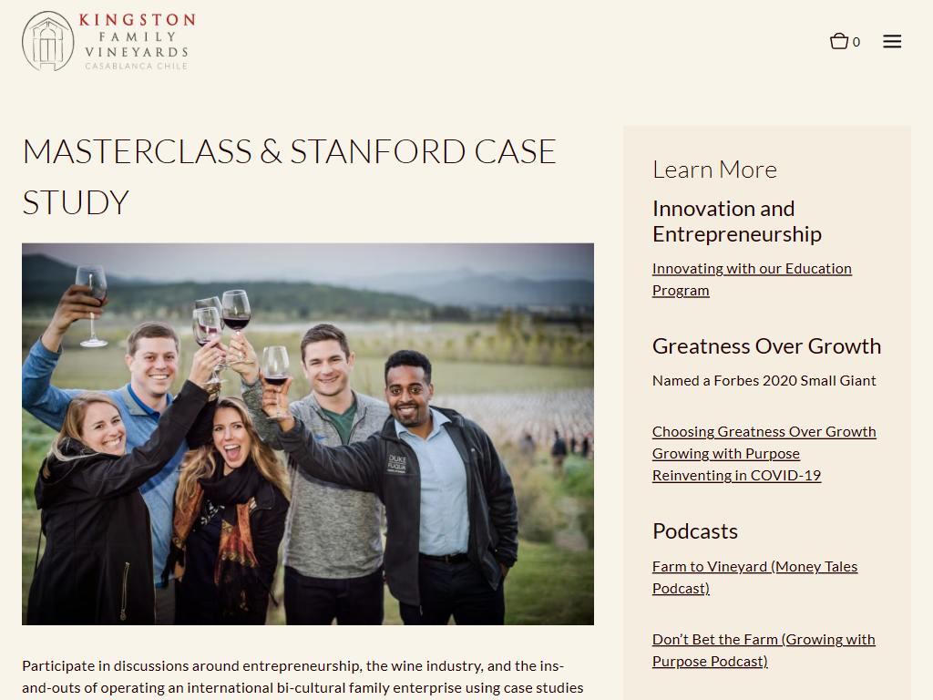 The Kingston Family Vineyards masterclass page in a desktop browser, headed "Masterclass & Stanford Case Study", with a group raising their glasses in the vineyard beside a list of further reading.