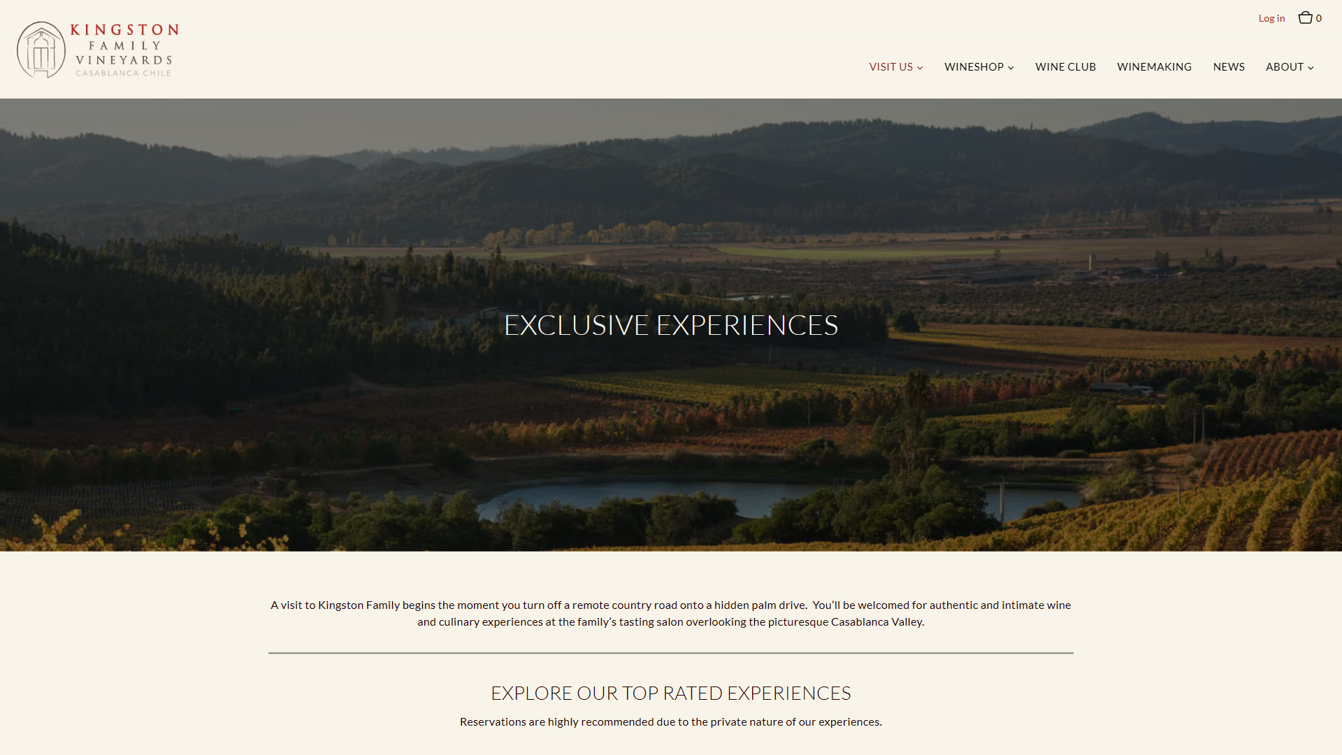 The Kingston Family Vineyards Visit Us page in a desktop browser, headed "Exclusive Experiences" over a dusk view across the Casablanca Valley to a pond and hills.