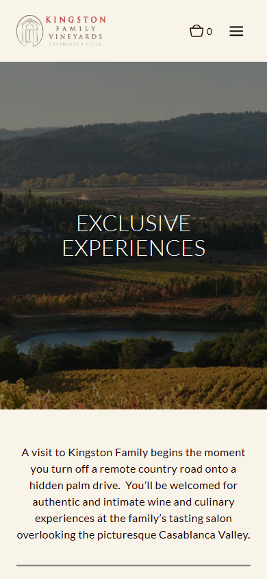 The Kingston Family Vineyards Visit Us page on a phone, headed "Exclusive Experiences" over the valley view, with the invitation to the tasting salon below.
