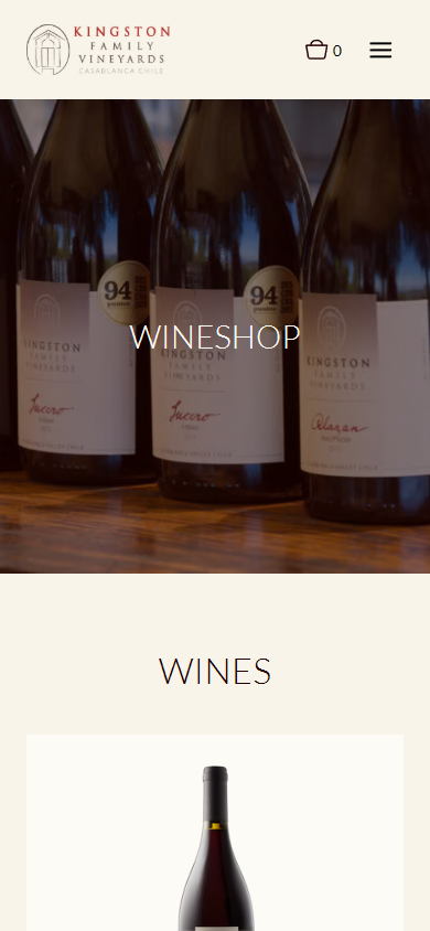 The Kingston Family Vineyards wineshop on a phone, with a row of bottles under the heading "Wineshop" and the wines listing beneath.