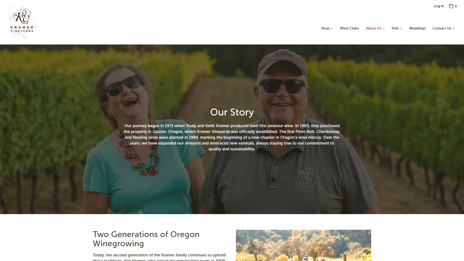 The Kramer About page in a desktop browser, headed "Our Story" over a photograph of two of the family laughing among the vines, above a section on two generations of Oregon winegrowing.
