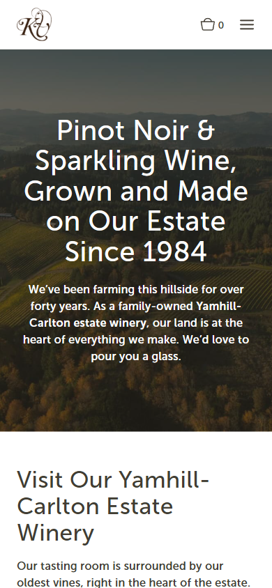 The Kramer homepage on a phone, with the estate heading over the aerial photograph and an invitation to visit the Yamhill-Carlton winery.