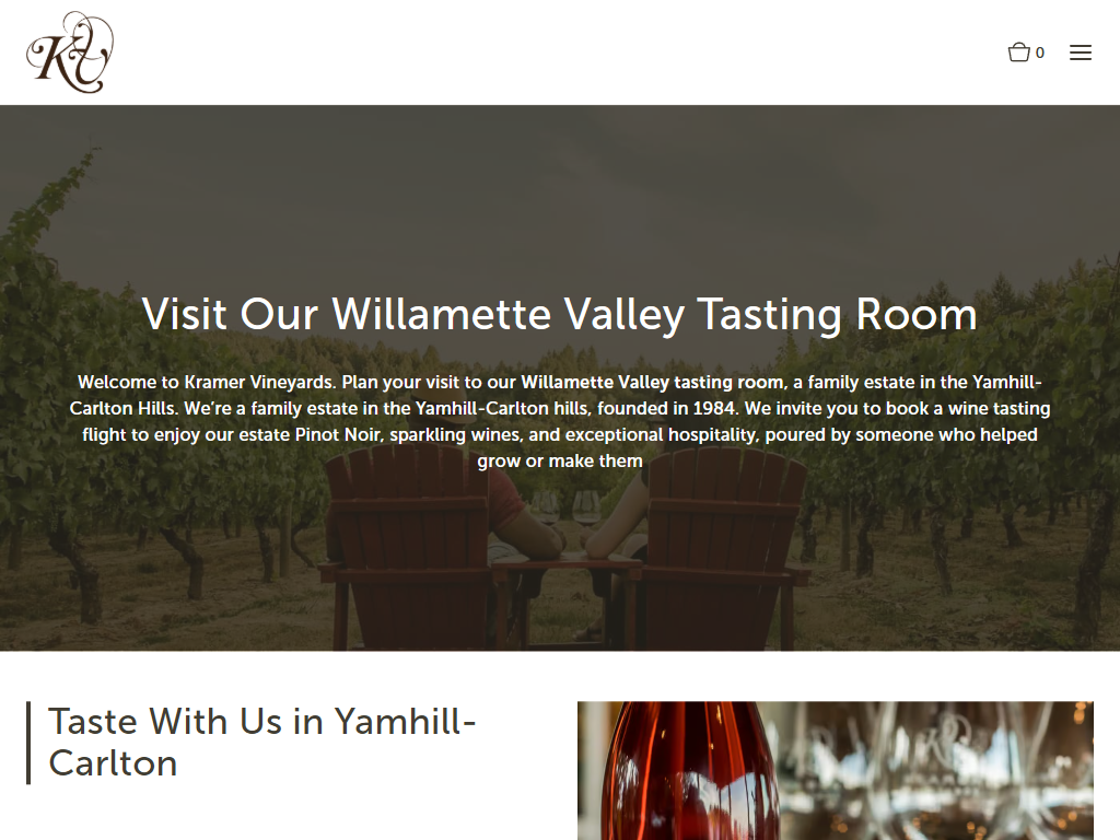 The Kramer visit page in a desktop browser, headed "Visit Our Willamette Valley Tasting Room", with an invitation to taste in Yamhill-Carlton and a photograph of wine being poured.