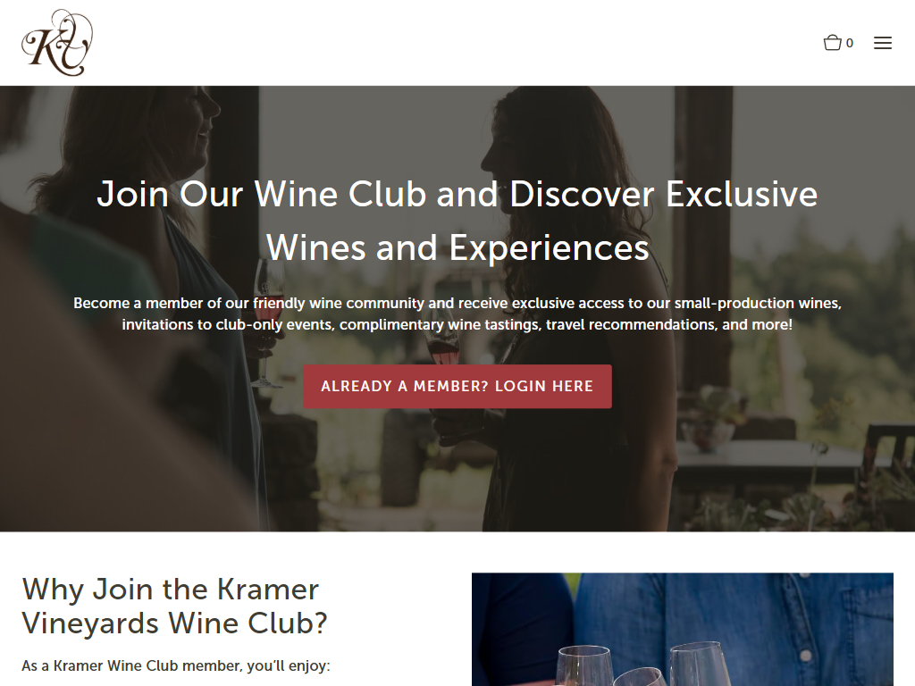 The Kramer wine clubs page in a desktop browser, headed "Join Our Wine Club and Discover Exclusive Wines and Experiences", with a member login button and the benefits below.