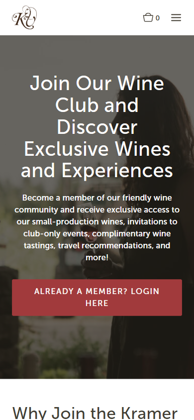The Kramer wine clubs page on a phone, headed "Join Our Wine Club and Discover Exclusive Wines and Experiences", with the member login button.