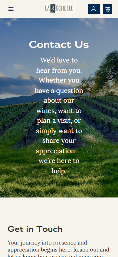 The La Rochelle contact page on a phone, headed "Contact Us" over the vineyard, with a Get in Touch section below.
