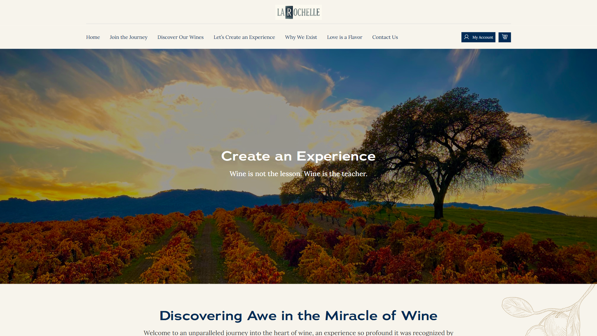 The La Rochelle experiences page in a desktop browser, headed "Create an Experience" over an autumn vineyard at sunset with a lone oak, above the section "Discovering Awe in the Miracle of Wine".