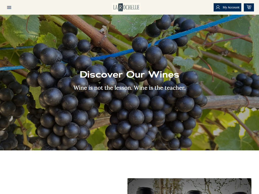 The La Rochelle wines page in a desktop browser, headed "Discover Our Wines" over a close view of dark grape bunches hanging on the vine.