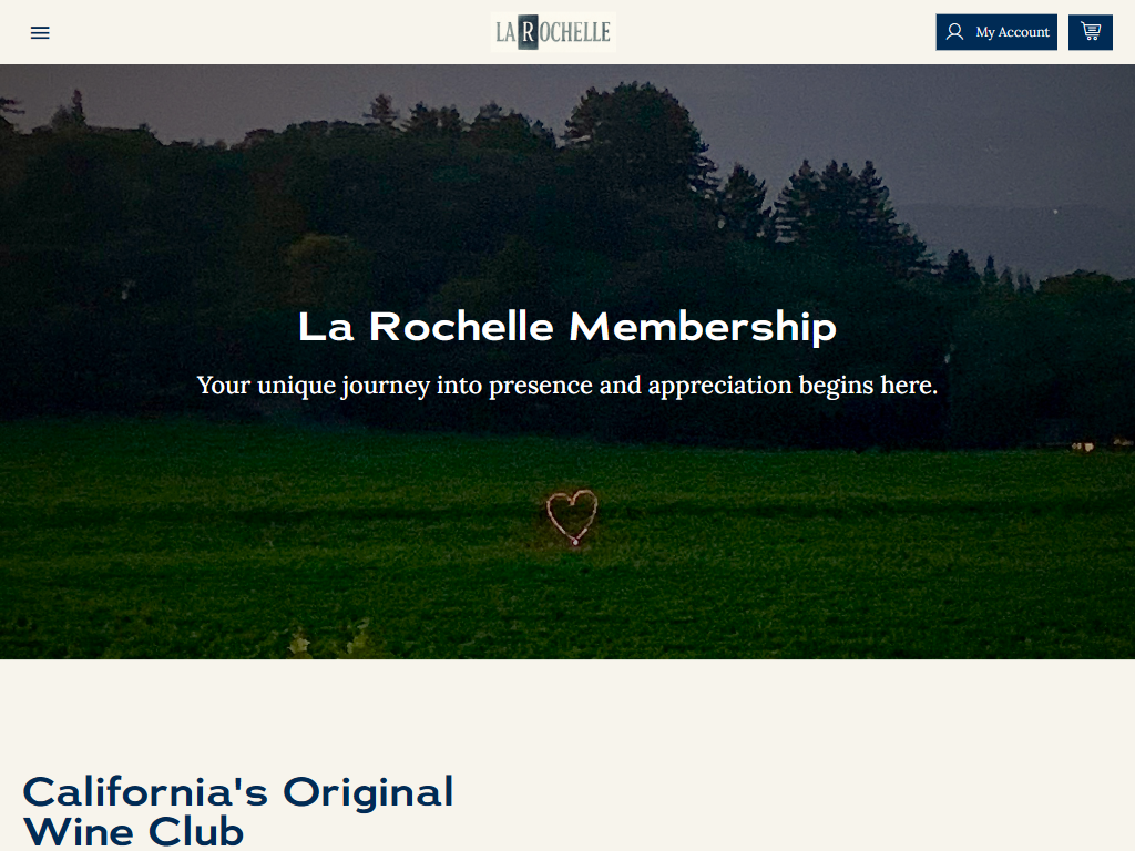 The La Rochelle membership page in a desktop browser, headed "La Rochelle Membership" over a dark green field at dusk with a heart mown into it, above the line "California's Original Wine Club".
