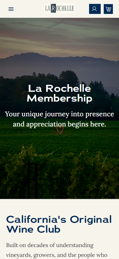 The La Rochelle membership page on a phone, headed "La Rochelle Membership", above the California's Original Wine Club section.