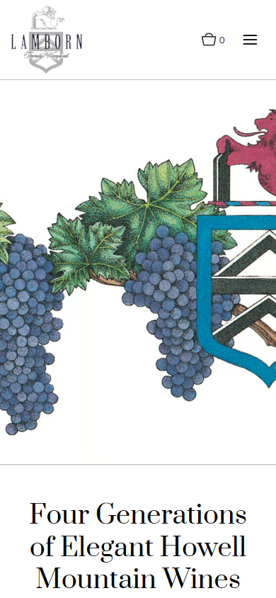 The Lamborn About page on a phone, with an illustration of grape bunches above the line about four generations of elegant Howell Mountain wines.