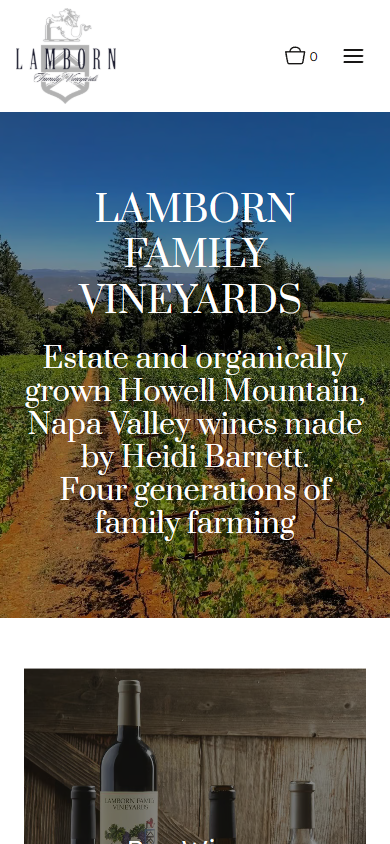 The Lamborn homepage on a phone, with the winery name and the Howell Mountain line over the vineyard, and a bottle photograph below.