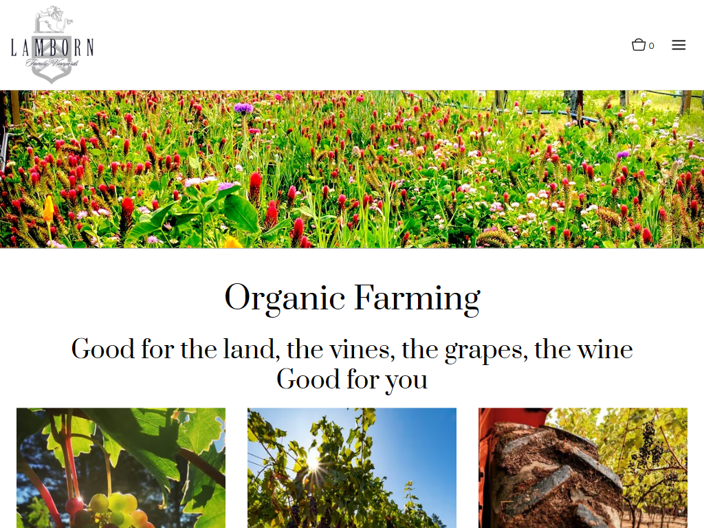 The Lamborn organic farming page in a desktop browser, with a flowering cover crop between the vines above the heading "Organic Farming" and three vineyard photographs.