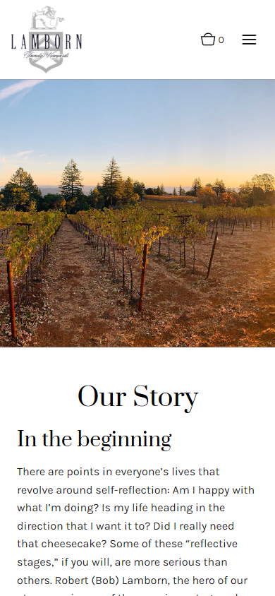 The Lamborn story page on a phone, with the dawn vineyard above the heading "Our Story" and its first section.