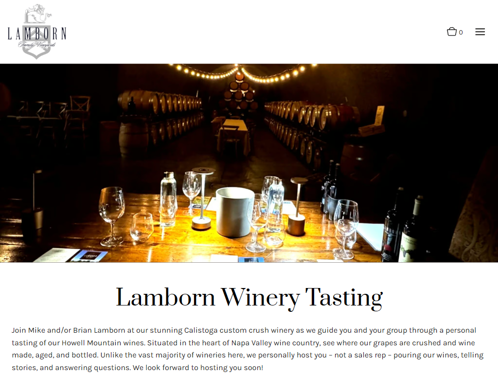 The Lamborn tasting page in a desktop browser, with a table laid with glasses in a barrel room strung with lights, above the heading "Lamborn Winery Tasting".