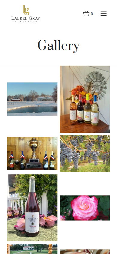 The Laurel Gray gallery on a phone, headed "Gallery", showing a grid of photographs of bottles, flowers and the vineyard.