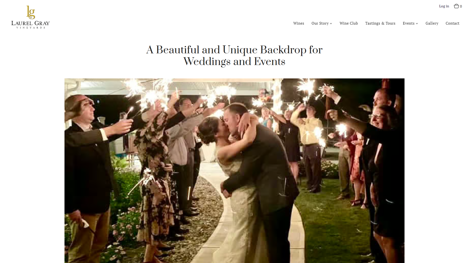 The Laurel Gray weddings page in a desktop browser, headed "A Beautiful and Unique Backdrop for Weddings and Events", with a couple kissing as guests hold sparklers at night.