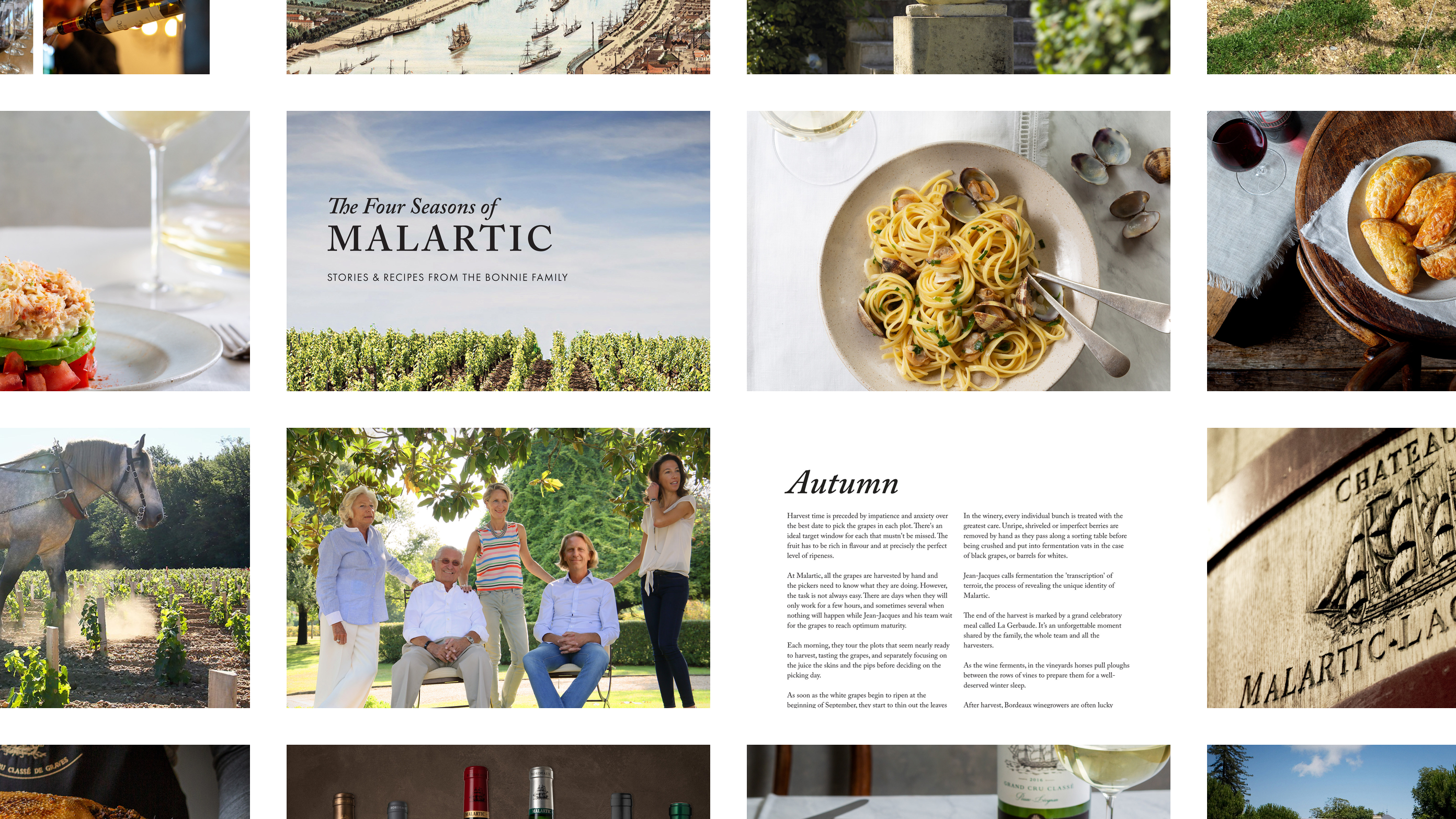 Pages from The Four Seasons of Malartic: the cover, the Bonnie family, recipes, vineyards and the château