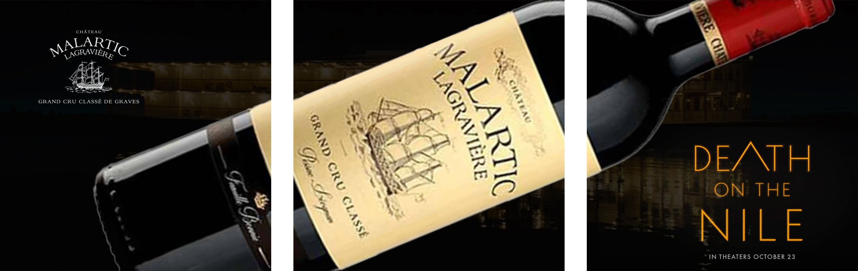 Three Death on the Nile social posts for Château Malartic-Lagravière: the logo, the label and the film title