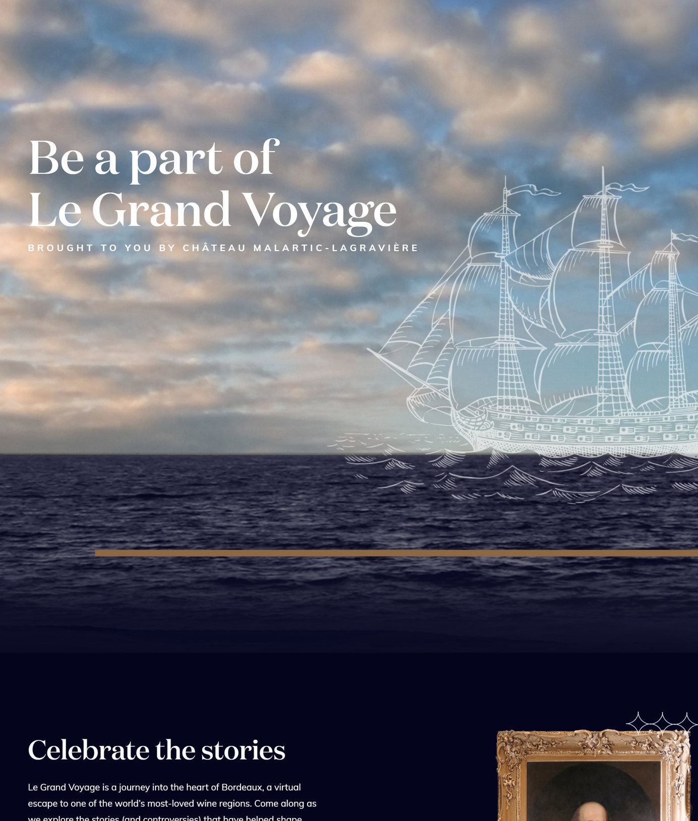 The Le Grand Voyage landing page: Be a part of Le Grand Voyage over a sailing ship drawn on the sea