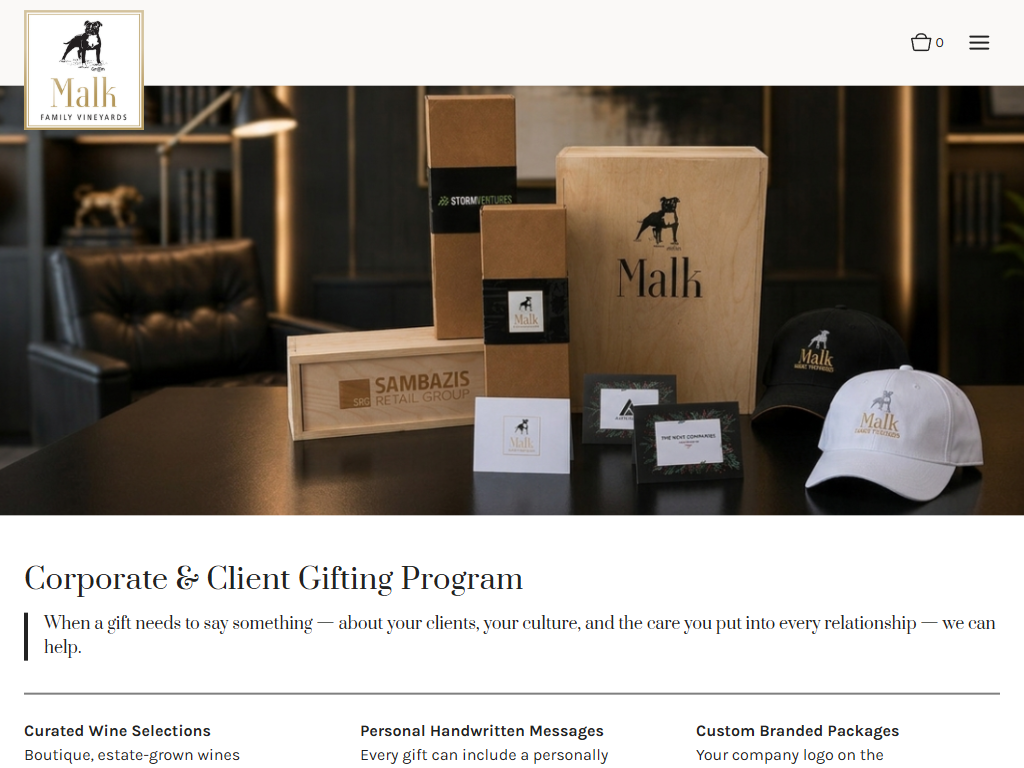 The Malk Family corporate gifting page in a desktop browser, with branded boxes, packaging and a cap arranged on a table, above the heading "Corporate & Client Gifting Program".