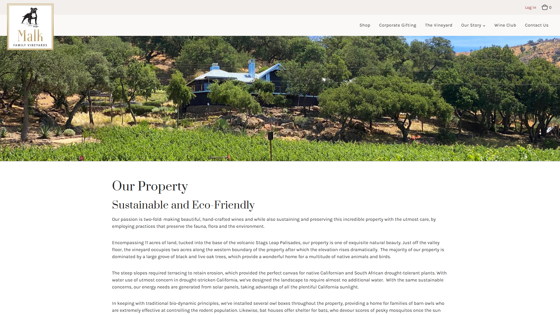 The Malk Family property page in a desktop browser, with the house and vineyard on the hillside above the heading "Our Property" and its sustainability commitments.