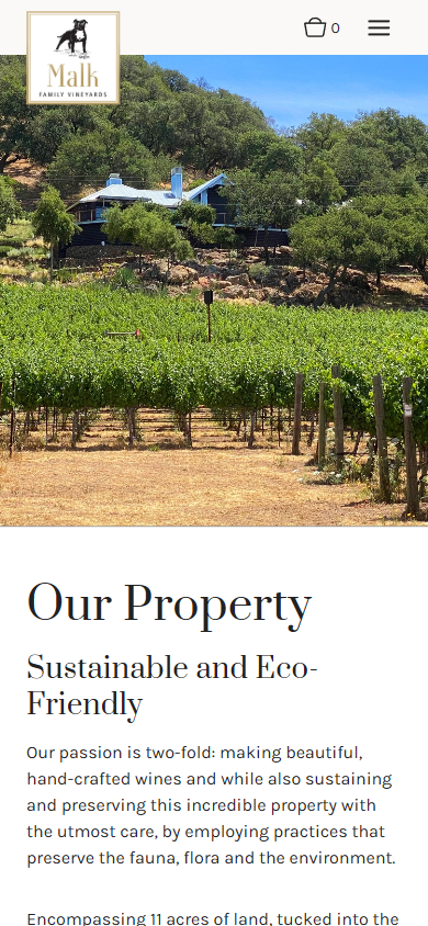 The Malk Family property page on a phone, with the hillside photograph above the heading "Our Property" and the sustainability copy.