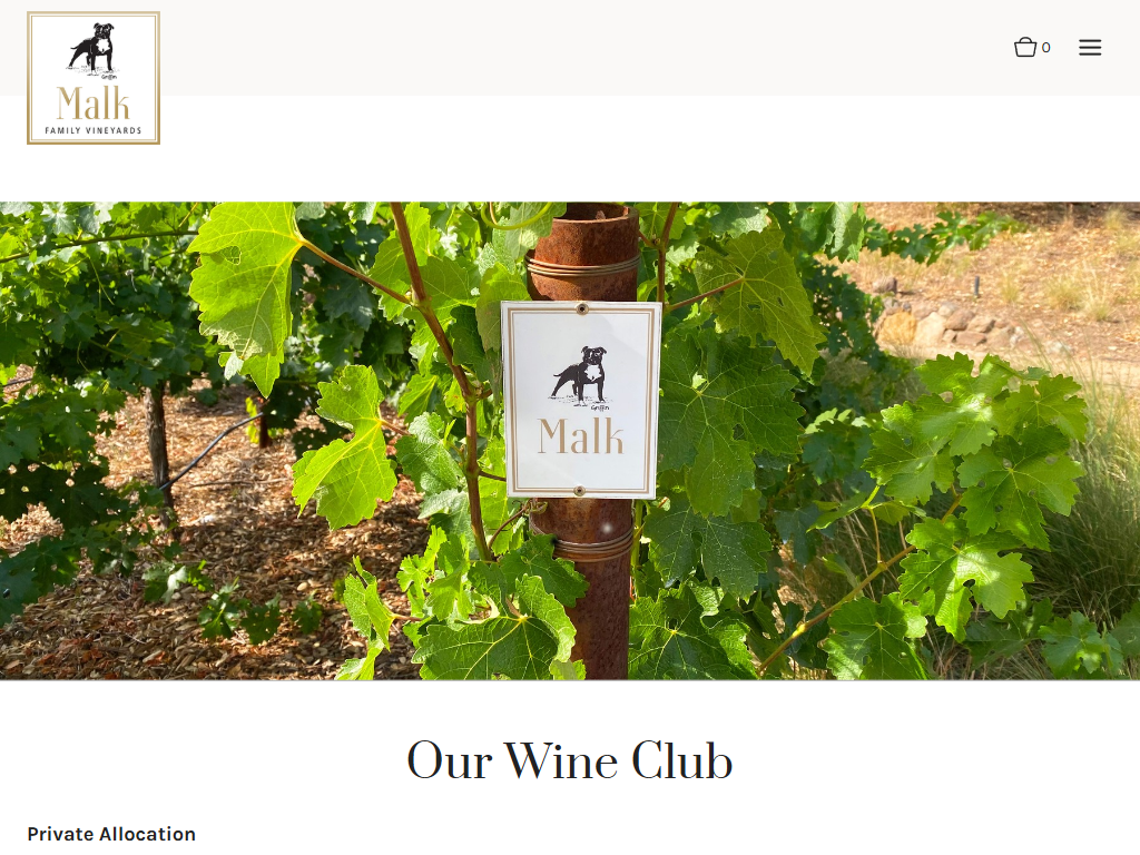 The Malk Family wine club page in a desktop browser, with a Malk block sign hanging on a vine post among the leaves, above the heading "Our Wine Club".