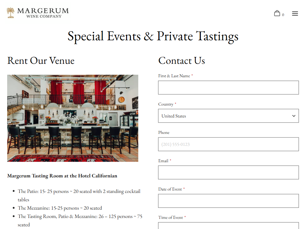 The Margerum event space page in a desktop browser, headed "Special Events & Private Tastings", with a photograph of the tasting room interior beside an inquiry form.