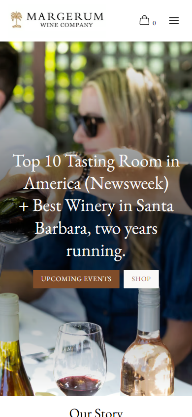 The Margerum homepage on a phone, with the tasting photograph and the Newsweek and Best Winery claims overlaid, above the start of the winery's story.