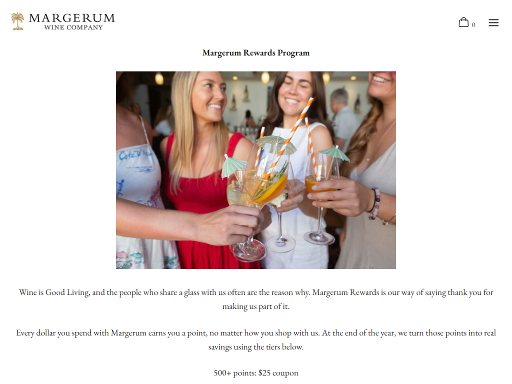 The Margerum Rewards Program page in a desktop browser, with a photograph of two people raising their glasses above an explanation of how points are earned and redeemed.