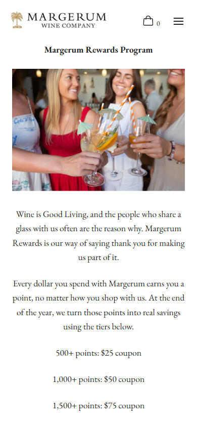 The Margerum Rewards Program page on a phone, with the photograph of two people toasting above the points and coupon tiers.