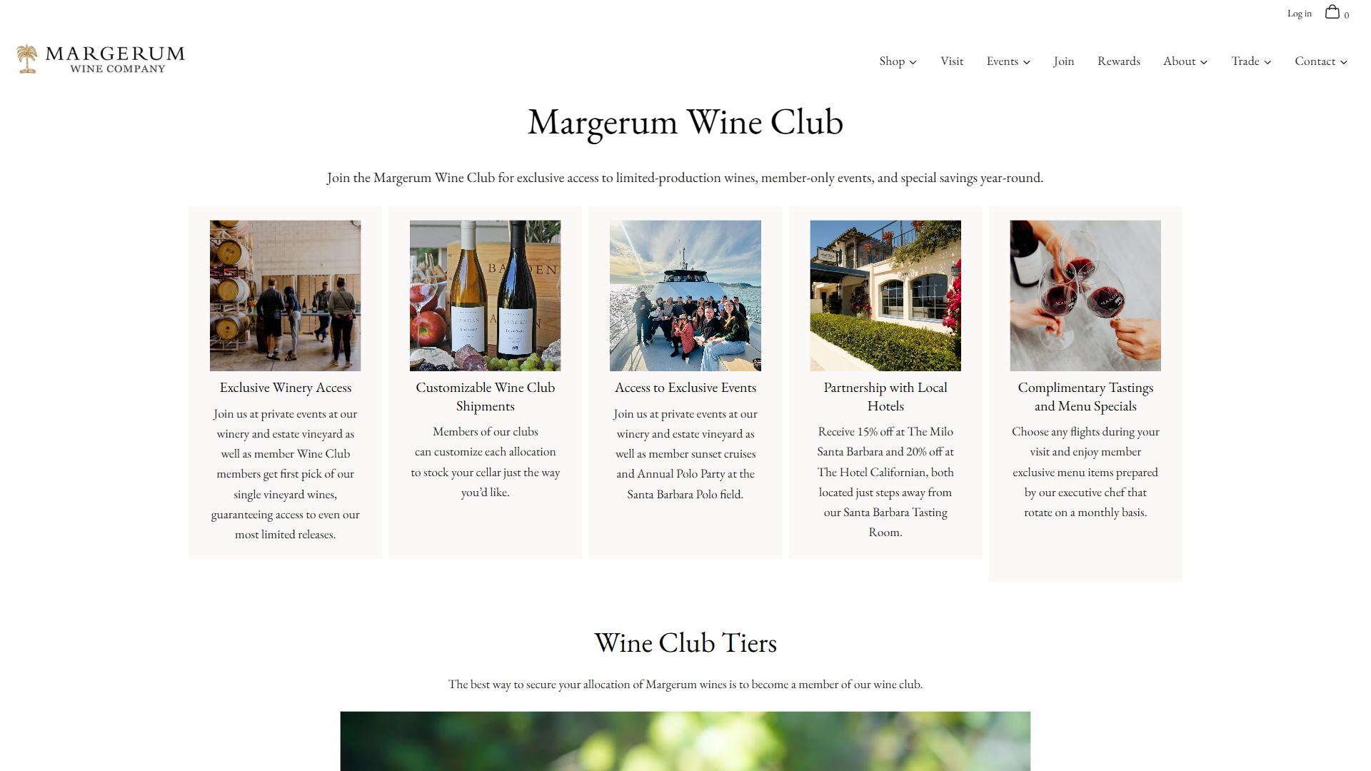 The Margerum wine club page in a desktop browser, headed "Margerum Wine Club", with five illustrated member benefit cards above a section on wine club tiers.