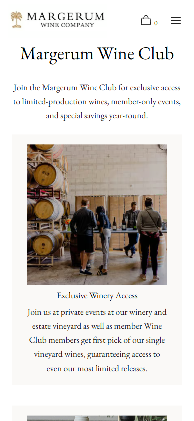 The Margerum wine club page on a phone, headed "Margerum Wine Club", with the exclusive winery access benefit and its photograph.