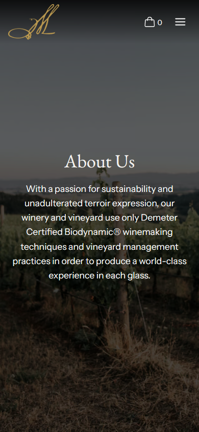 The Maysara About page on a phone, headed "About Us" over a vineyard photograph, describing the Demeter Certified Biodynamic winemaking and vineyard management the estate uses.