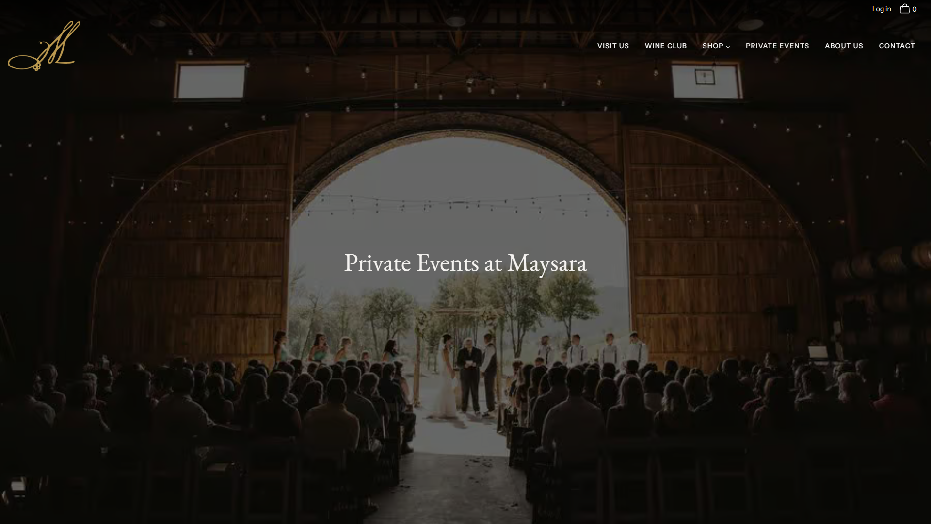 The Maysara private events page in a desktop browser, headed "Private Events at Maysara" over a wedding ceremony held inside the barrel hall, the guests seated in front of a wide arched opening onto the trees.