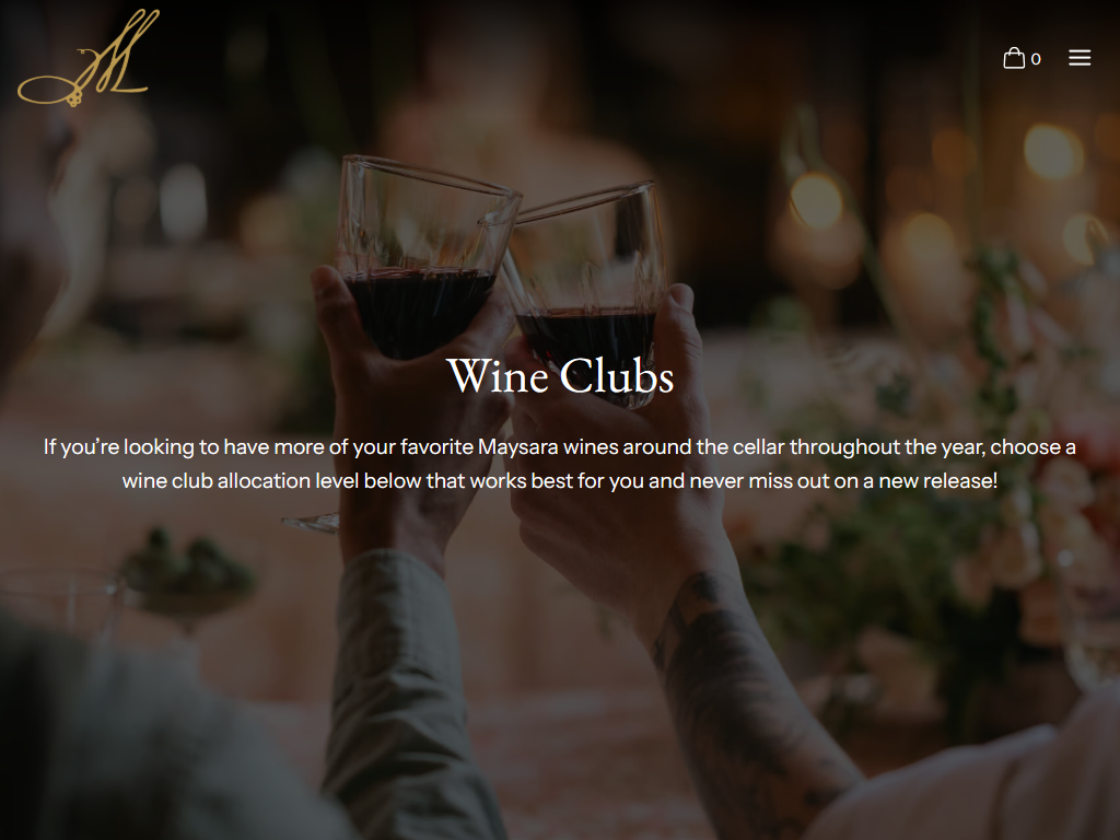 The Maysara wine clubs page in a desktop browser, headed "Wine Clubs" over two people touching glasses of red, with an invitation to choose an allocation level.