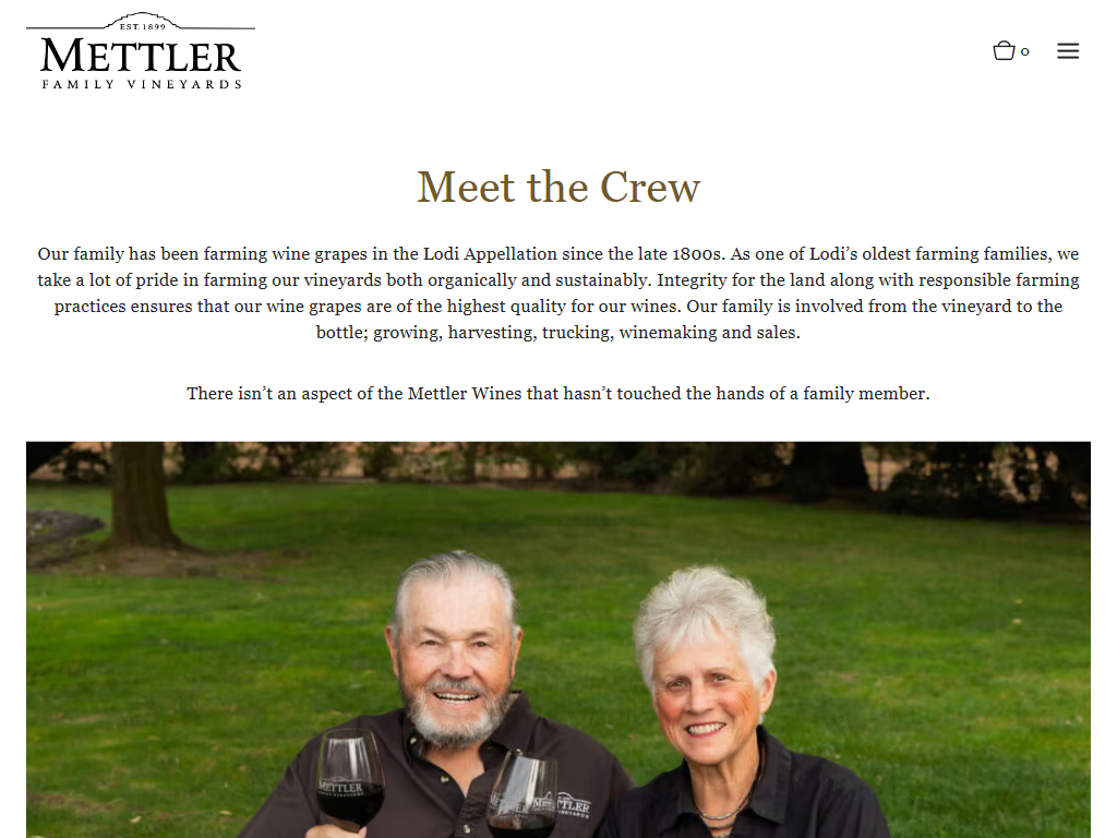 The Mettler crew page in a desktop browser, headed "Meet the Crew", with a photograph of two members of the family holding glasses of wine on the lawn.