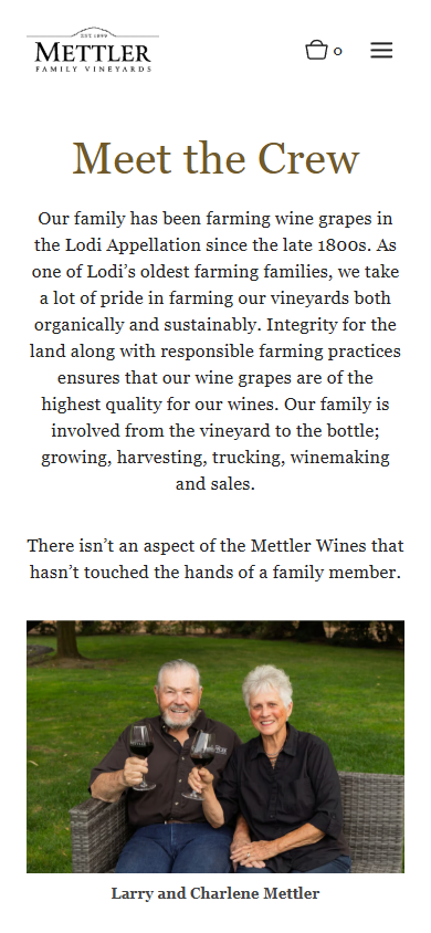 The Mettler crew page on a phone, headed "Meet the Crew", with the family photograph captioned Larry and Charlene Mettler.