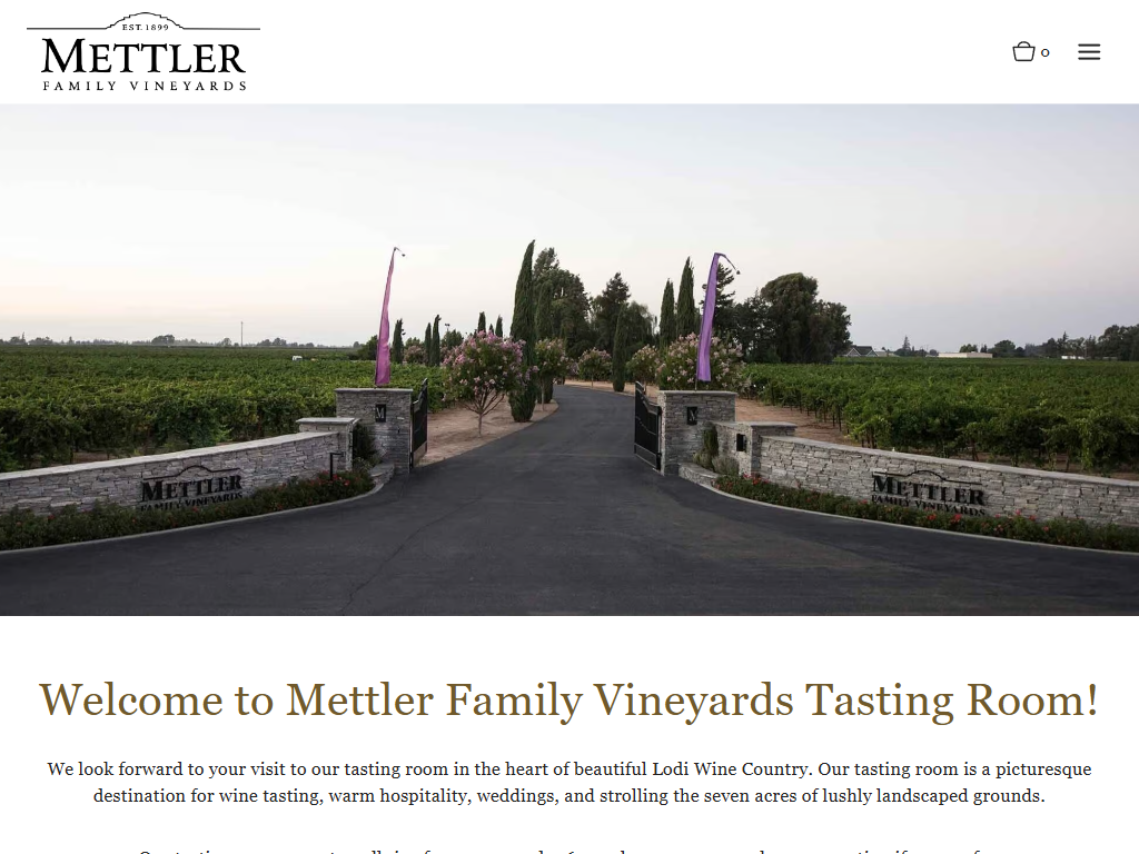 The Mettler tasting room page in a desktop browser, with the stone entrance gates and flagpoles at the head of the drive, above a welcome to the tasting room.