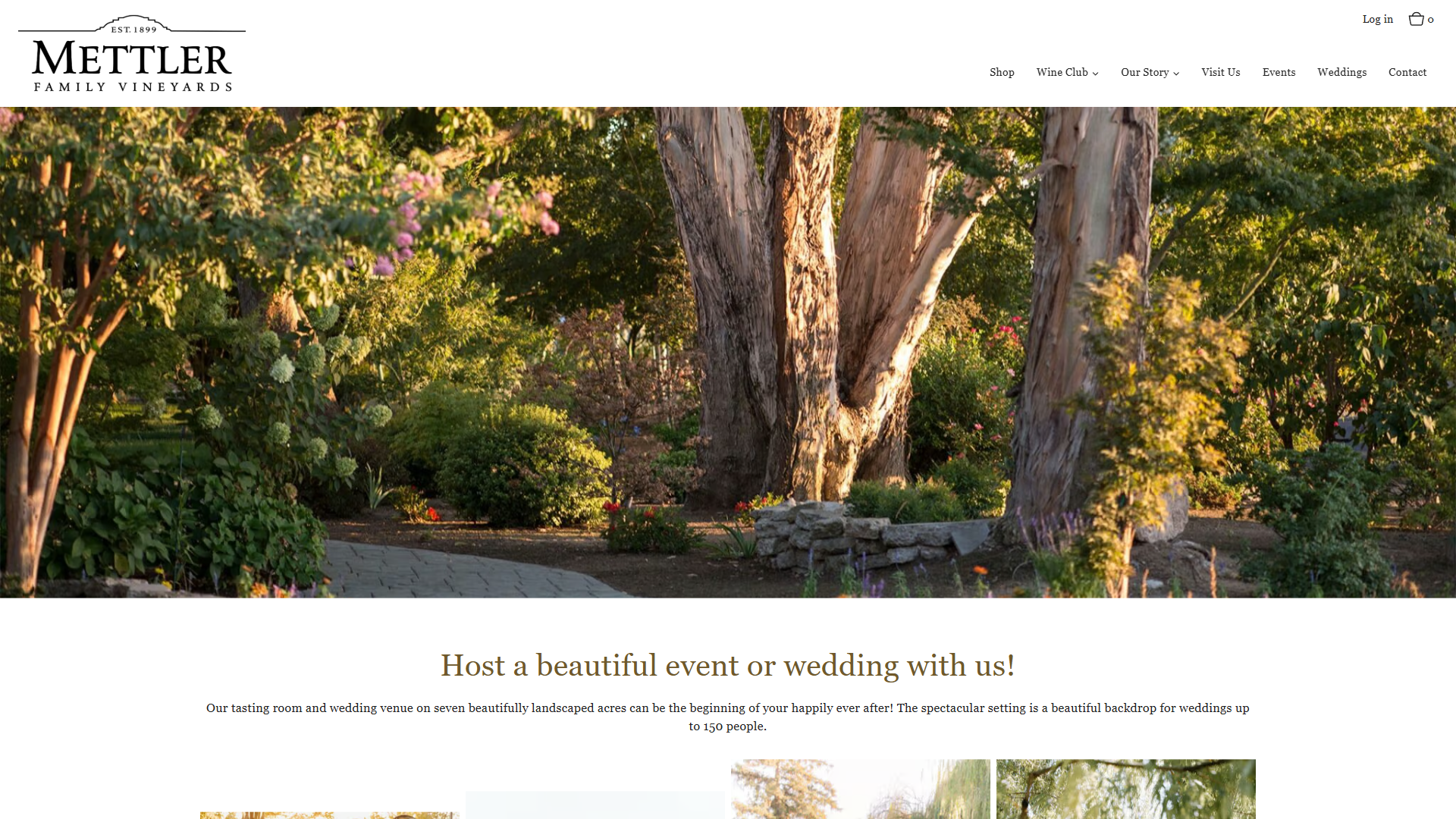 The Mettler weddings page in a desktop browser, with the landscaped grounds and mature trees lit at golden hour, above the heading "Host a beautiful event or wedding with us!".