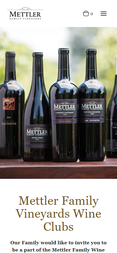 The Mettler wine club page on a phone, with four bottles standing on a table in the vineyard above the heading "Mettler Family Vineyards Wine Clubs".